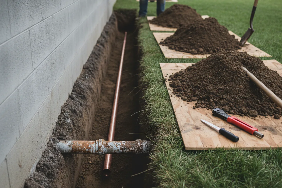 Excavated water line trench during Water Softener Installation in Garnet Valley
